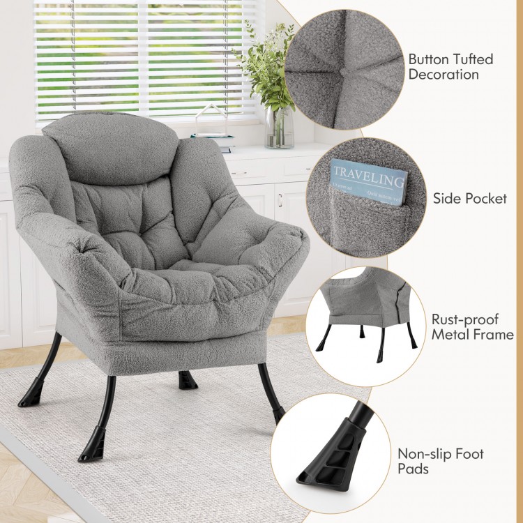 Cozy gray Sherpa upholstered accent chair with button tufting, side pocket, and rust-proof metal frame for versatile.